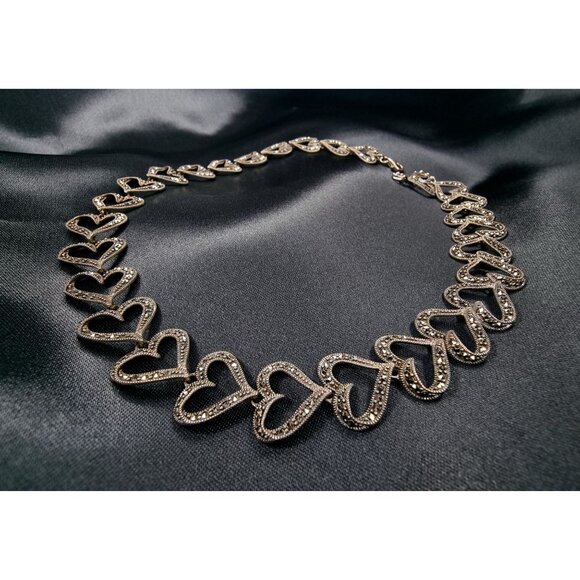 Vintage 1990s Marcasite Sterling Silver 925 Heart Link Necklace - Picture 5 of 6